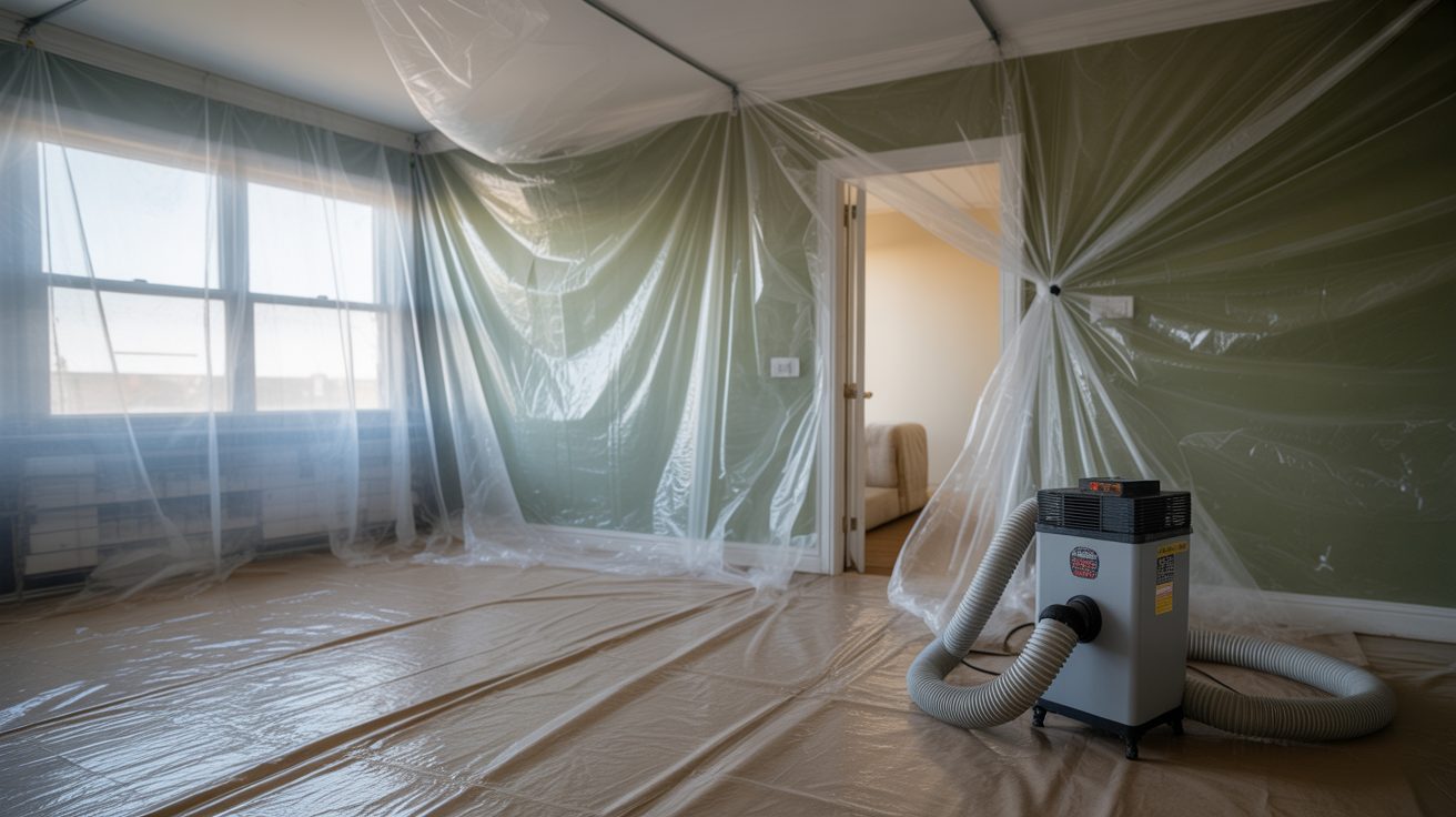 Containment sheeting and an air scrubber staged for a mold job in Greensboro