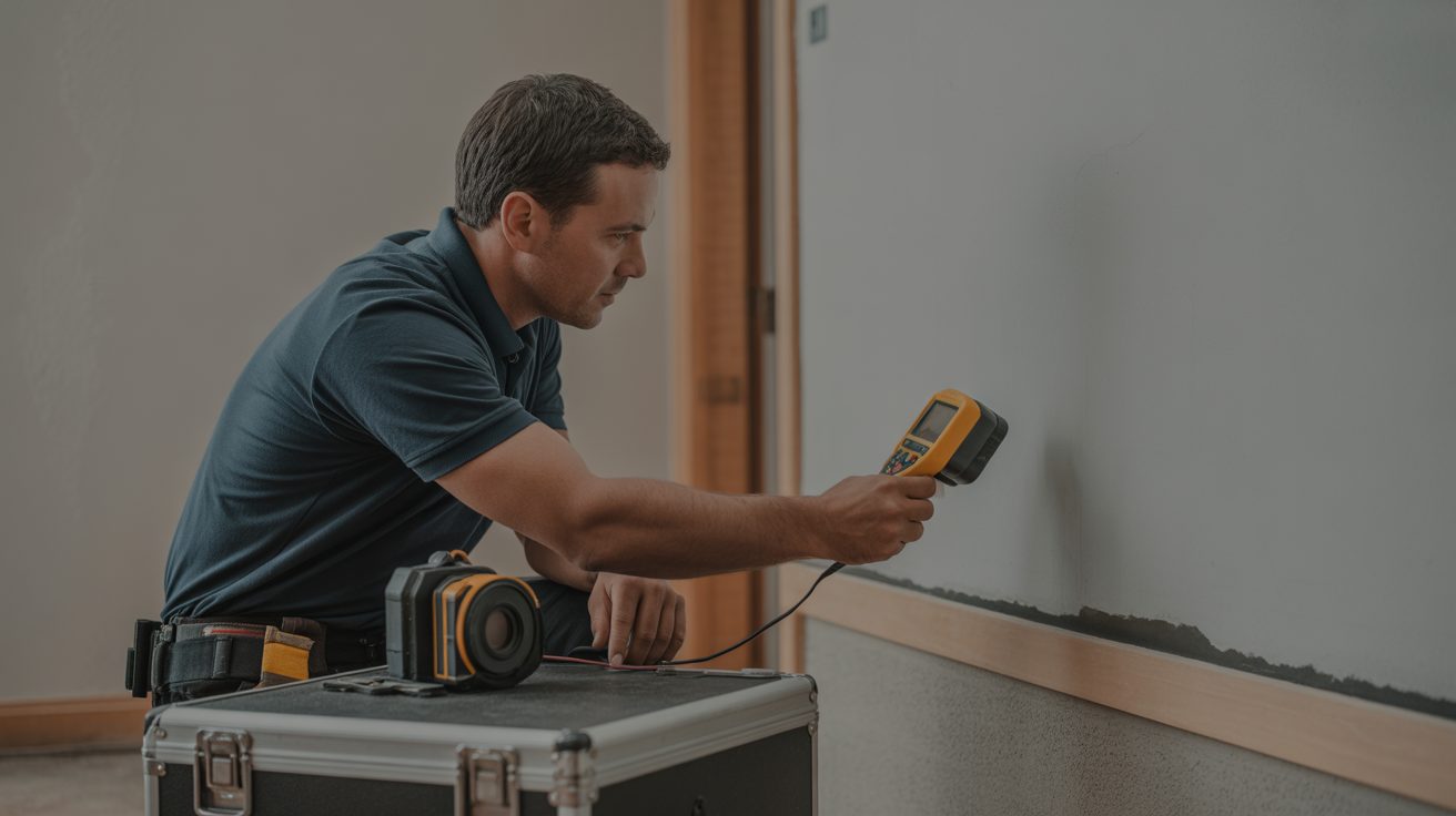 Technician taking a moisture-meter reading on a wall in Greensboro